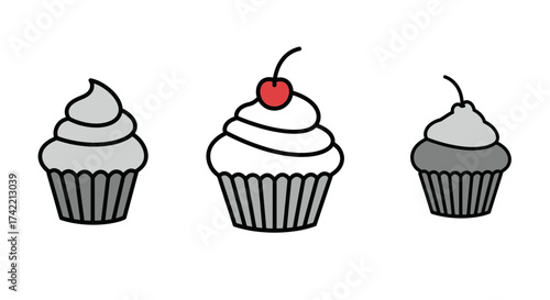 Cartoon cupcakes with frosting and cherry vector illustration set.