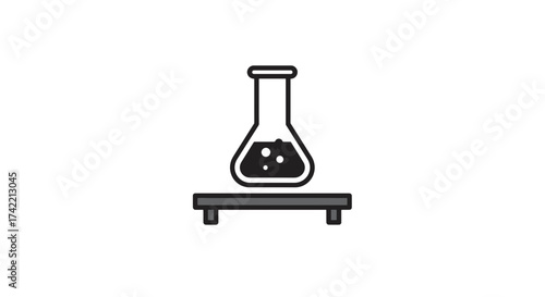 Laboratory conical flask with bubbling liquid on a stand science experiment icon.