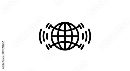 Global communication network icon with radiating wireless signals.