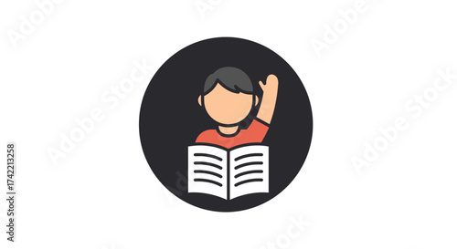 Student with hand raised and open book symbolizing learning and participation.