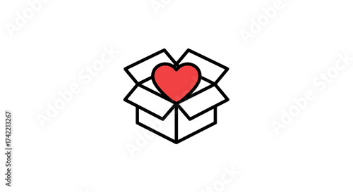 Red Heart Inside Open Cardboard Box Icon Illustration.