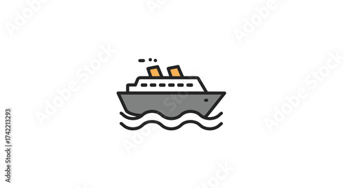Simple cartoon illustration of a passenger cruise ship sailing on water.