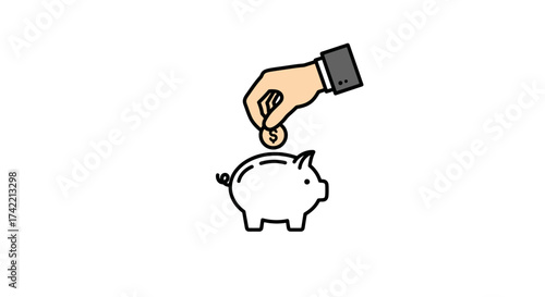 Hand putting dollar coin into a white piggy bank symbolizing savings and financial investment.