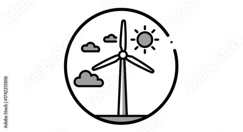 Wind turbine icon with sun and clouds representing renewable energy.