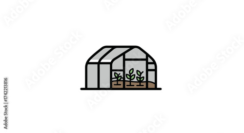 Simple illustration of a greenhouse with young plants growing inside representing gardening and cultivation.