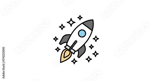 Cartoon rocket launching with sparkles symbolizing startup success and innovation.