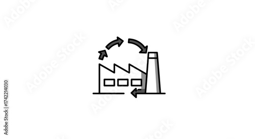 Factory building with circular arrows representing recycling or circular economy icon.