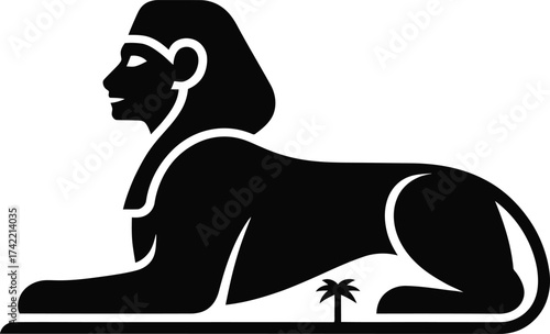 Iconic egyptian sphinx lying down in profile against a white background silhouette