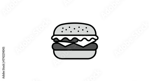 Simple grayscale hamburger icon with bun patty cheese and lettuce layers.