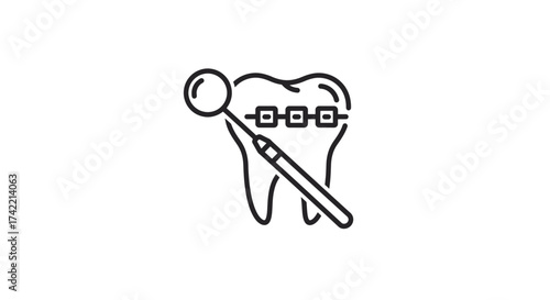 Dental braces on tooth with mirror icon symbolizing orthodontics and oral health care.