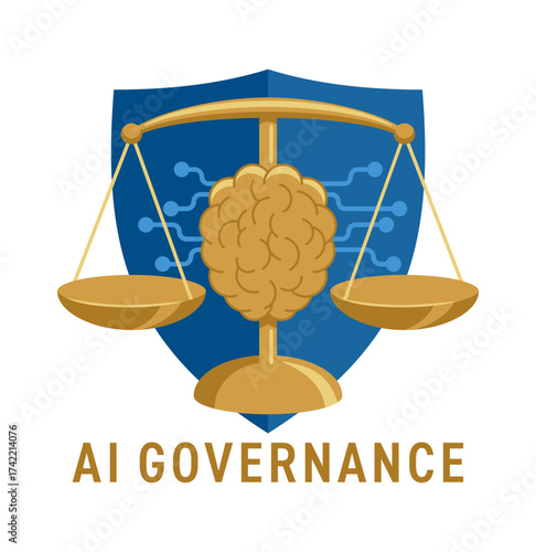 AI Governance Concept - Composition with brain, scales and shield