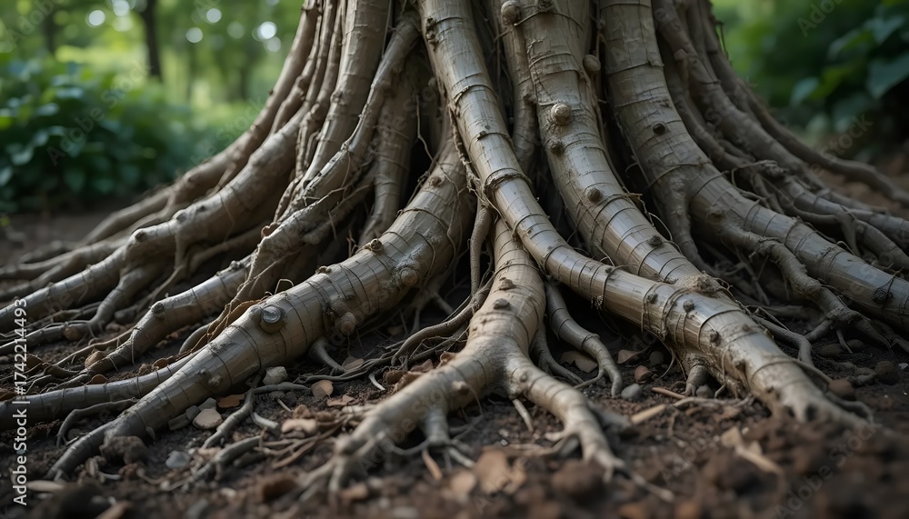 Fototapeta premium Intricate Root System of a Mature Tree in a Forest Setting
