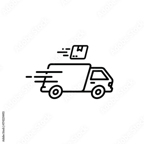 Outline delivery truck carrying package for transportation and logistics. Delivery truck moving quickly represents modern shipping, cargo and fast freight,