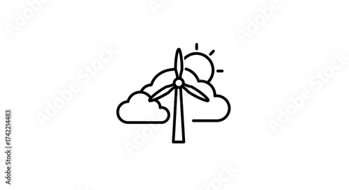 Wind Turbine with Clouds and Sun Icon for Renewable Energy.
