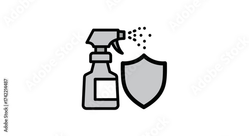 Disinfectant Spray Bottle and Shield Icon for Hygiene and Protection.