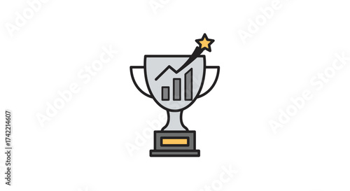 Trophy with business growth chart and star icon representing success.