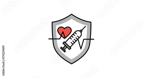 Medical health protection shield with vaccination syringe and heart rate monitor icon.