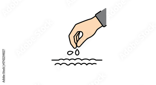 Hand planting seeds into soil illustration for agriculture and gardening.