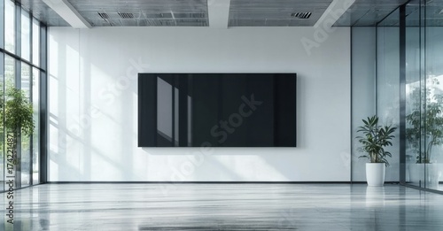 Wallpaper Mural Minimalist interior. Large screen dominates white wall. Sunlight streams through expansive windows, illuminating polished floor. Plants add subtle life. Torontodigital.ca