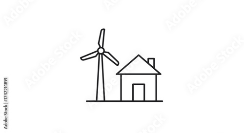 Sustainable home with wind turbine icon representing green energy.