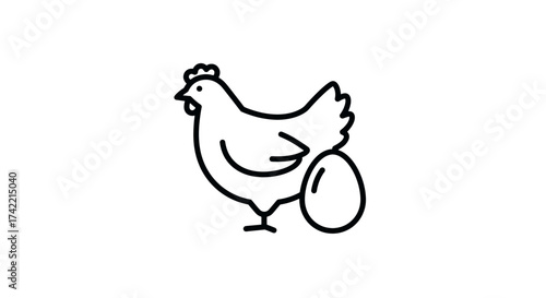Simple line art icon of a chicken and an egg representing farm fresh produce.