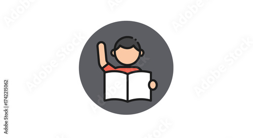 Student raising hand while reading book in a classroom setting.