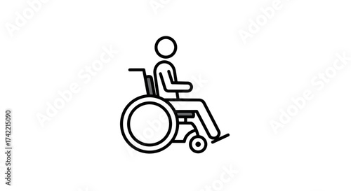 Simple line art icon of a person in a wheelchair symbolizing accessibility and support.