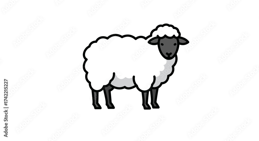 Fototapeta premium Cute cartoon sheep illustration with fluffy white wool and dark features.