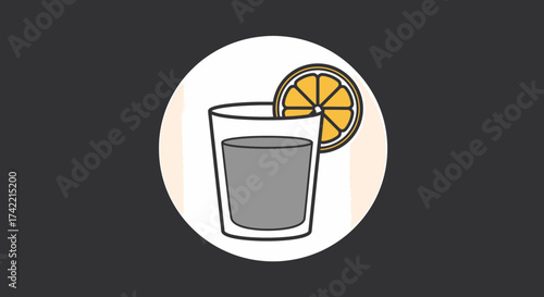 Glass with grey liquid and orange slice illustration.