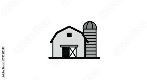 Stylized farm barn and silo vector icon illustration.