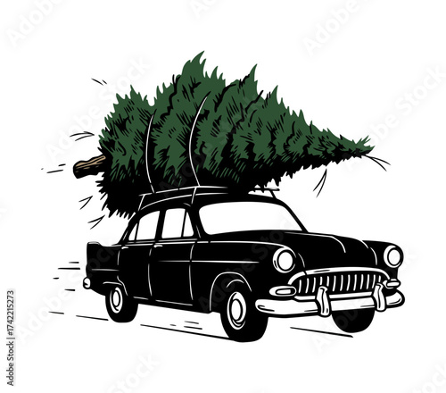 Vintage car carrying Christmas tree on roof.