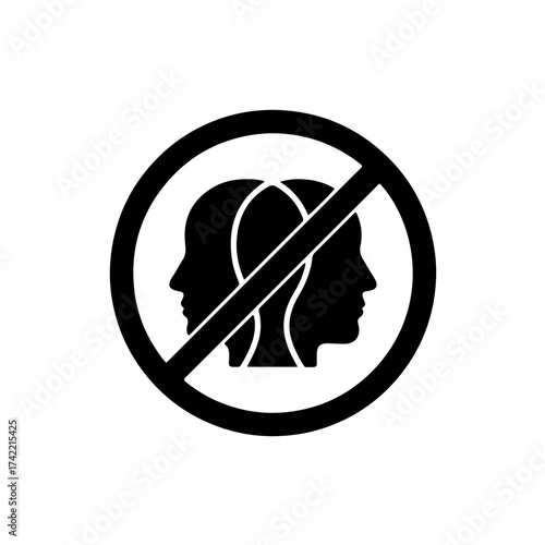 A bold, high-contrast black and white vector icon designed to fight racial discrimination. The illustration features two contrasting human face profiles, symbolizing diversity