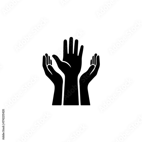 A powerful monochrome silhouette icon representing solidarity, support, and collective empowerment. The graphic features three hands raised up, with the central hand being uplifted by the two hands 