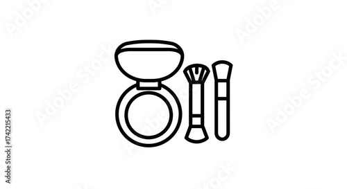 Cosmetic powder compact and makeup brushes line art icon.