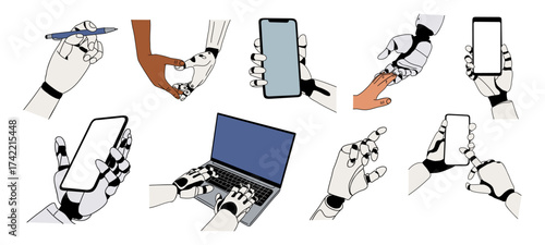 Set of robotic and human hands interacting—typing, drawing, gesturing, holding smartphone—in minimalist colored outline vector style, isolated on transparent background