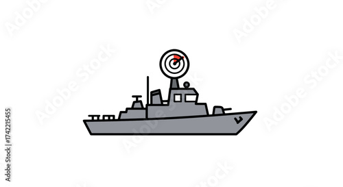 Stylized illustration of a grey military warship with radar and gun turret.