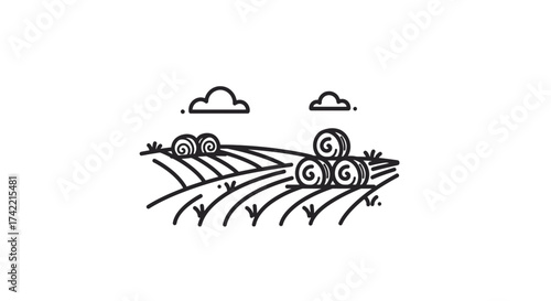 Rural landscape with hay bales and clouds in a minimalist line art style.