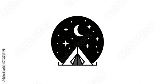 Minimalist Camping Tent Under Starry Night Sky with Crescent Moon Illustration.