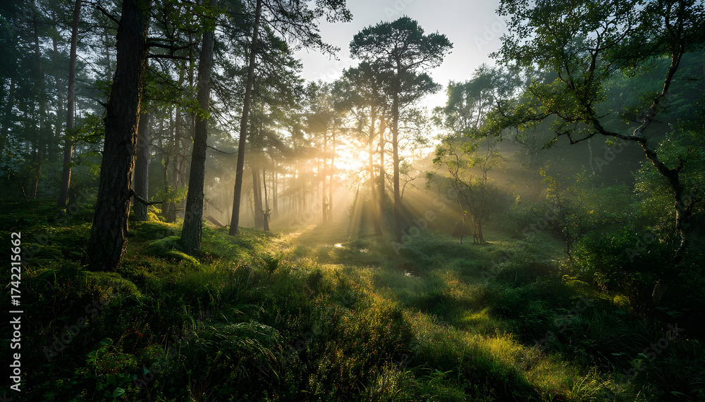 Obraz premium Magical sunrise in lush green forest with sunlight streaming through trees on a misty morning background, tranquil natural environment scene.