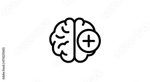Brain with plus sign icon symbolizing mental health cognitive enhancement and positive thinking.