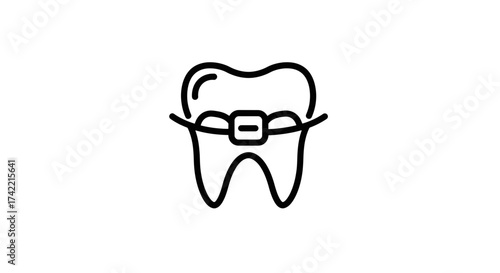 Dental tooth with braces line art icon for orthodontic treatment.
