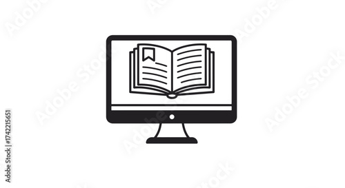 Online Education and Digital Learning Concept with Open Book on Computer Monitor Icon.