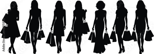 Silhouette of fashionable women walking with shopping bags, modern lifestyle, retail concept, elegant female shoppers enjoying leisure and style illustration