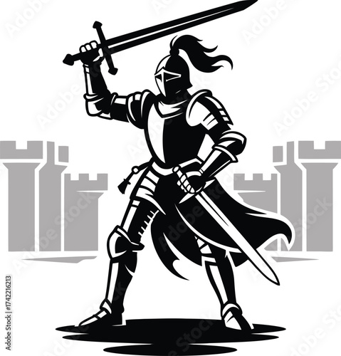 Powerful medieval knight in full armor holding sword high silhouette against castle background