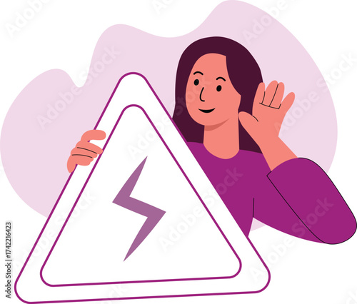 Woman Listening Closely Behind Electrical Warning Sign