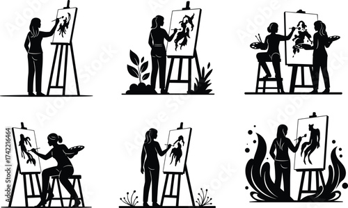 Silhouette of female artist painting on canvas, creative woman drawing artwork, art studio inspiration, modern painting illustration design concept