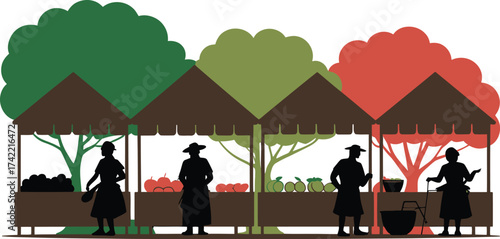 Silhouetted farmers market scene with colorful trees and stalls selling produce silhouette