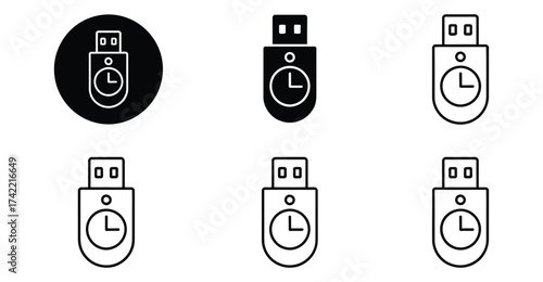  USB flash drive with clock icon set – stylized black and white symbols for time-based data storage, backup scheduling, and digital archiving
