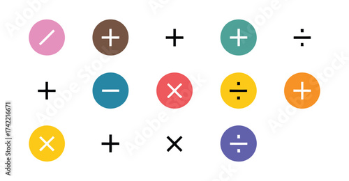  Colorful math symbol icon set – vibrant circular graphics with addition, subtraction, multiplication, and division for education and design use