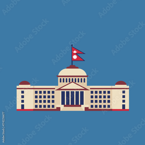 Federal parliament of nepal with the national flag waving.